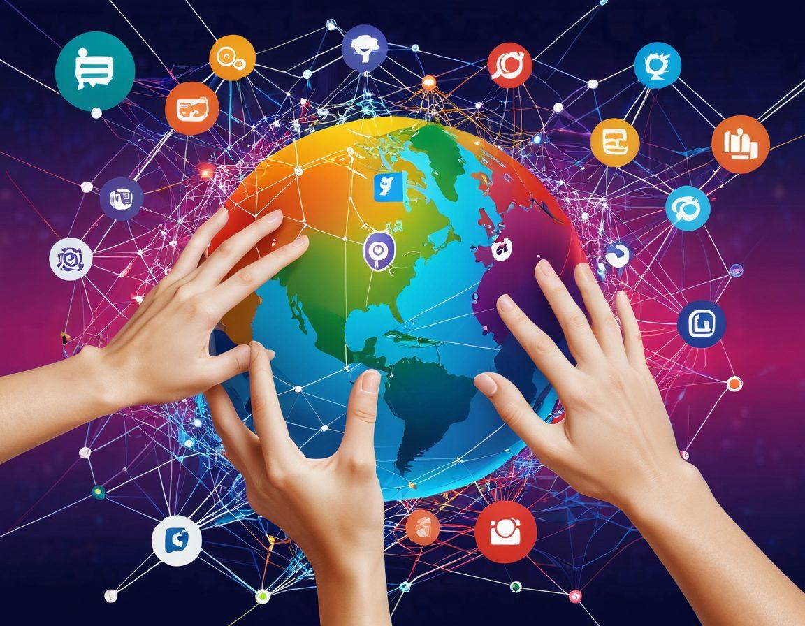 A dynamic composition showcasing two hands exchanging vibrant, visually striking content pieces featuring graphics and links, set against a backdrop of interconnected webs symbolizing digital connections. Incorporate diverse visual elements like icons representing various social media platforms and artistic media, with a bright and engaging color palette. super-realistic. vibrant colors. digital art.